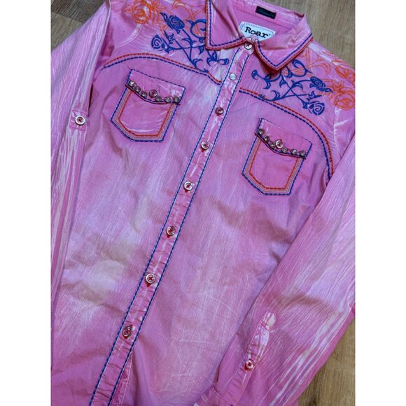 Y2K Roar Womens Pink Western Shirt M Embroidered Long Sleeve Button-Up - Picture 9 of 9